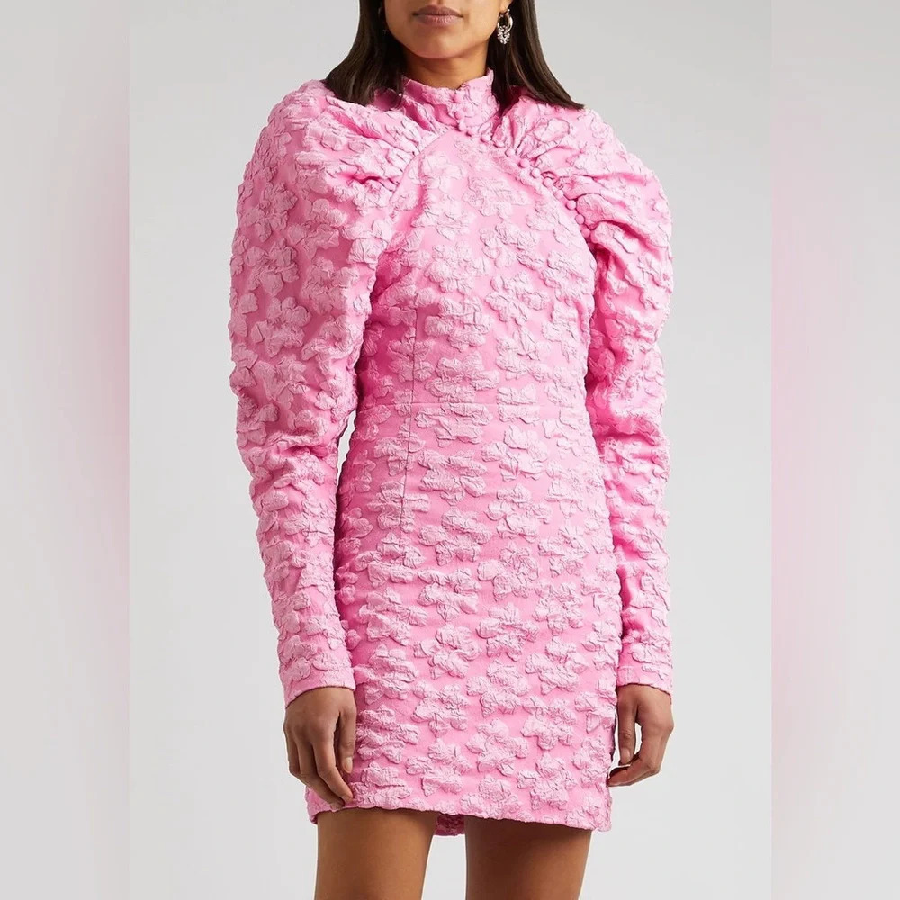 Textured Pink Puff-Sleeve Mini Dress - Picture 2 of 16